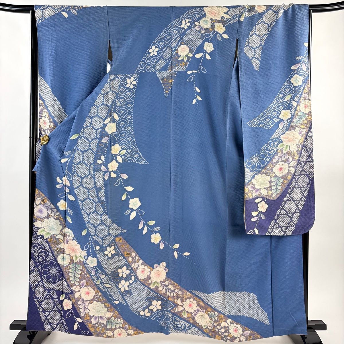 振袖 身丈162 cm 裄丈66 5 M 袷 草花 疋田柄 金銀彩 青灰色 正絹 秀品