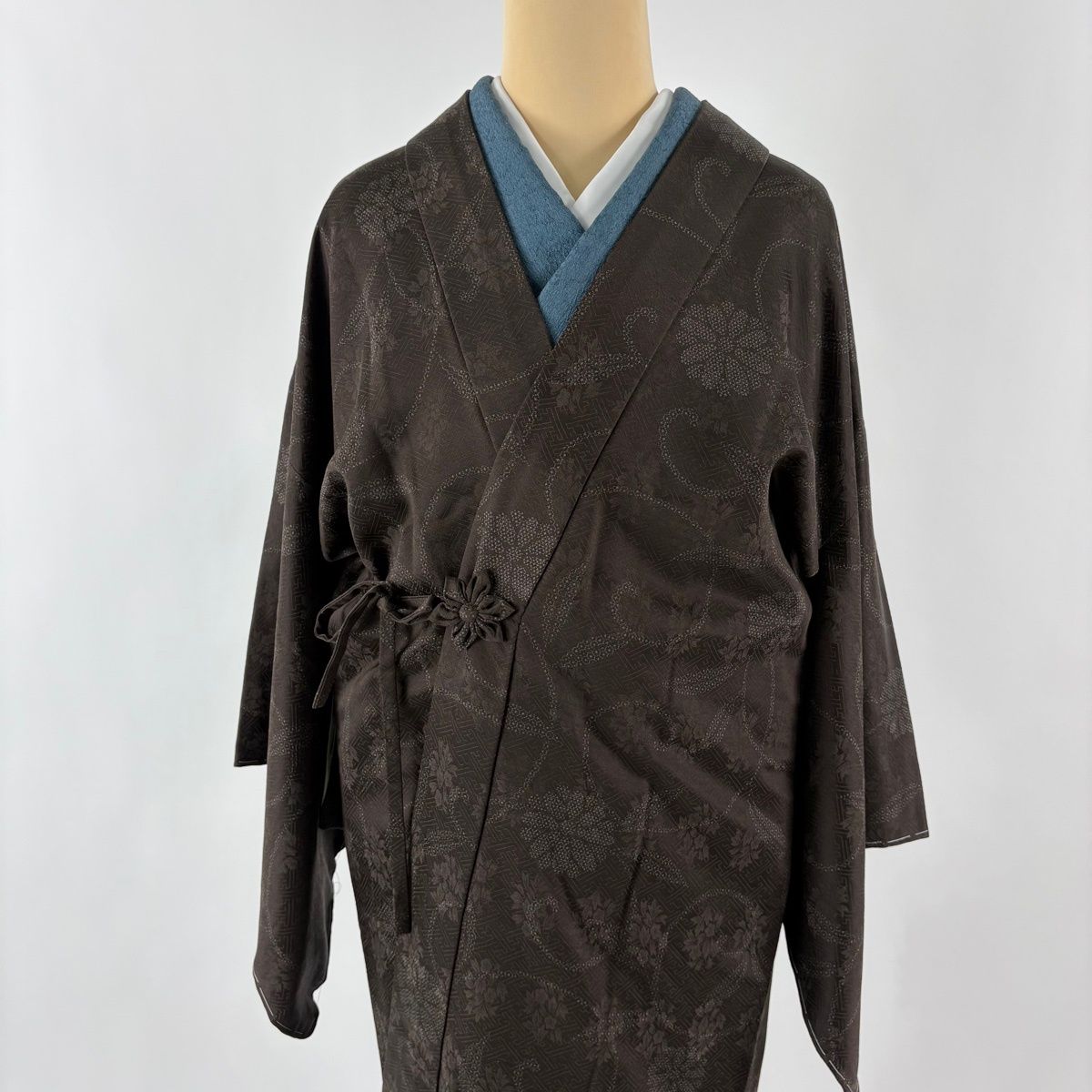  道中着 身丈90 cm 裄丈65 M 和装コート 花唐草 地紋 焦茶色 正絹 秀品 羽織 着物 浴衣