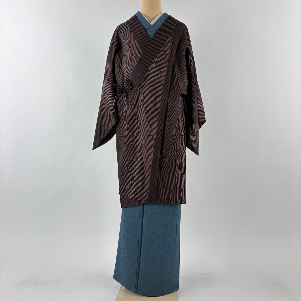 道中着 身丈101 cm 裄丈63 S 和装コート 着物衿 縞 網目文 茶紫 正絹 秀品