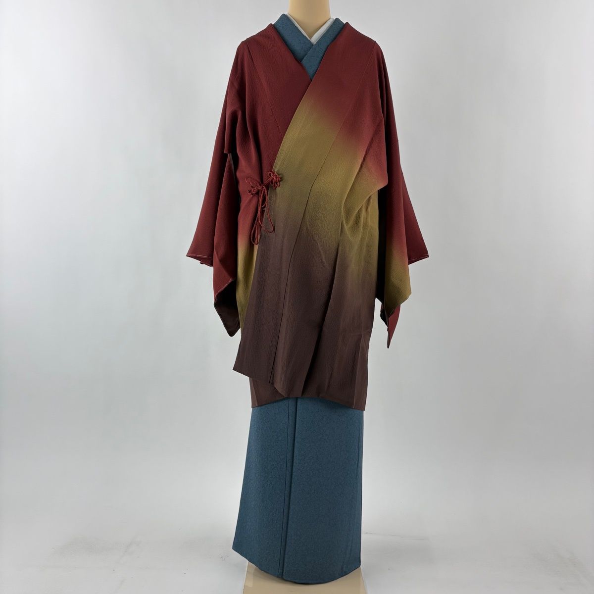 道中着 身丈99 cm 裄丈68.5 L 和装コート 岡山武子 落款 ぼかし柄 赤茶 正絹 秀品