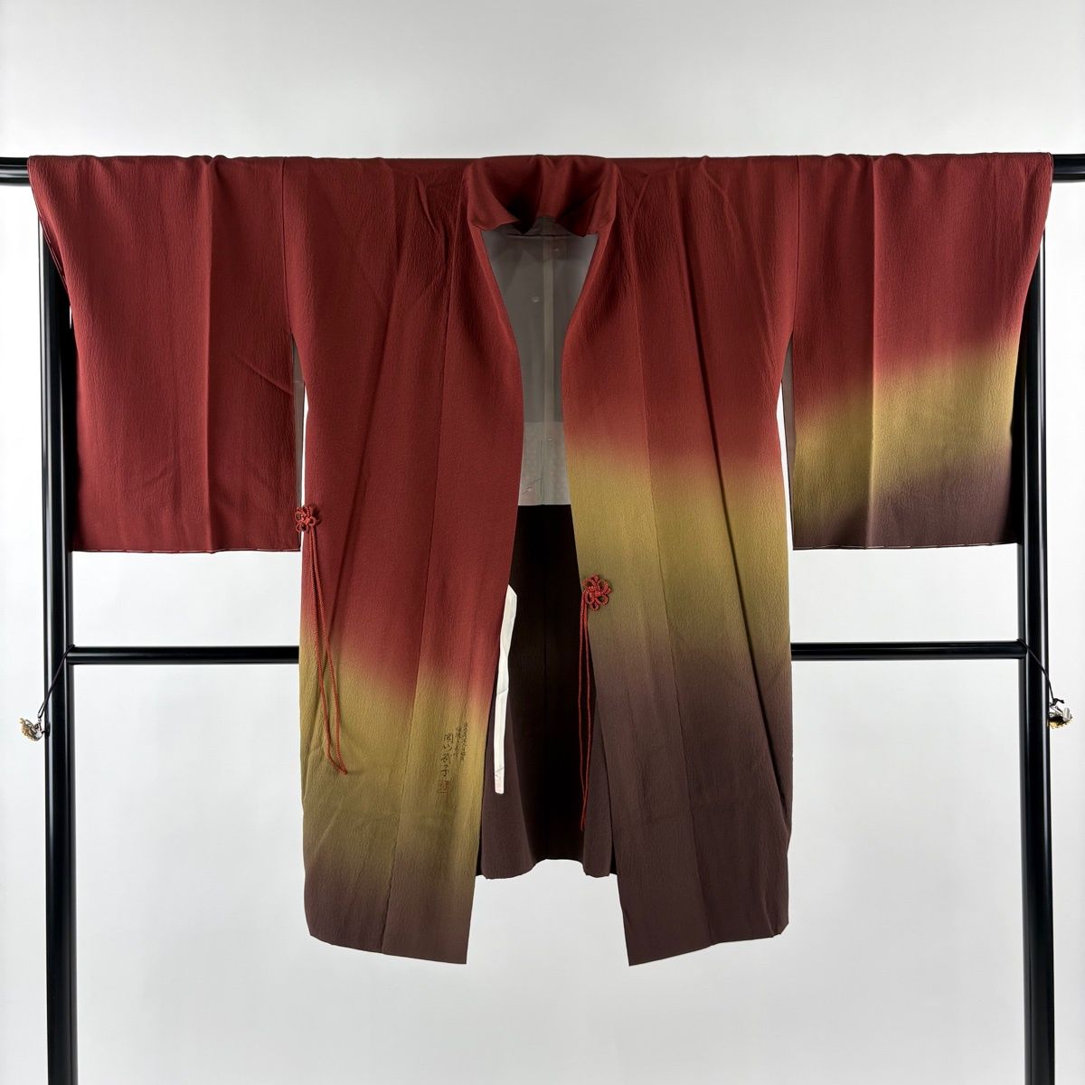  道中着 身丈99 cm 裄丈68 5 L 和装コート 岡山武子 落款 ぼかし柄 赤茶 正絹 秀品 羽織 着物 浴衣