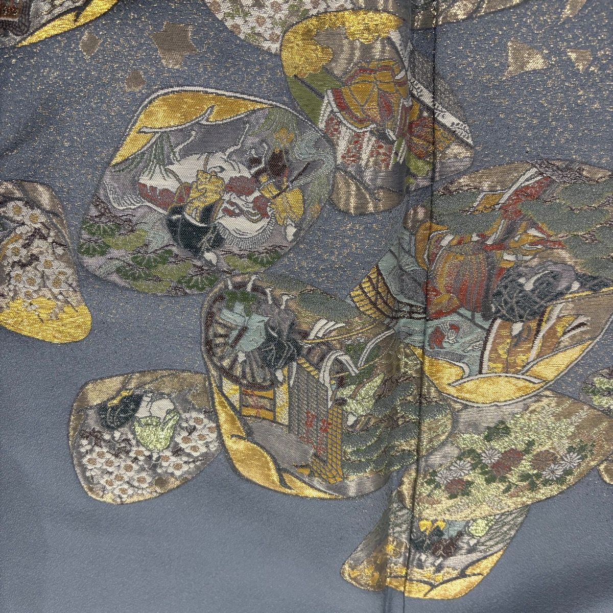 付下げ 身丈165.5cm 裄丈63.5cm S 袷 落款 貝合わせ 御所車 箔 金糸 青