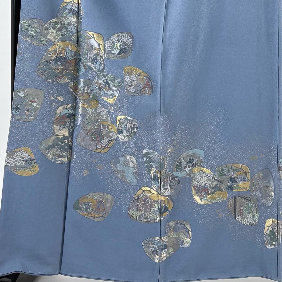 付下げ 身丈165.5cm 裄丈63.5cm S 袷 落款 貝合わせ 御所車 箔 金糸 青