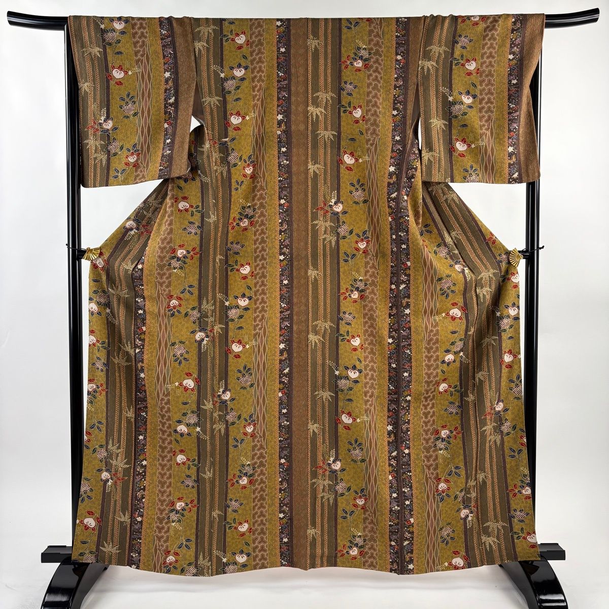 小紋 身丈162 5 cm 裄丈66 M 袷 橘 笹 金彩 黄土色 正絹 秀品