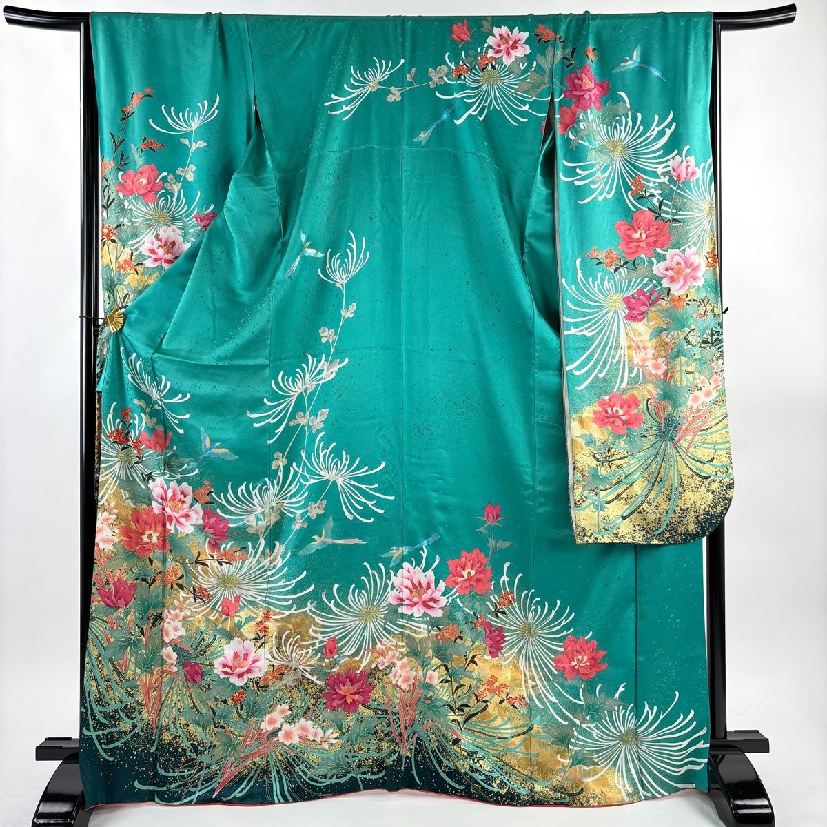 振袖 身丈168 cm 裄丈68 L 袷 草花 菊 金糸 金彩 緑 正絹 秀品