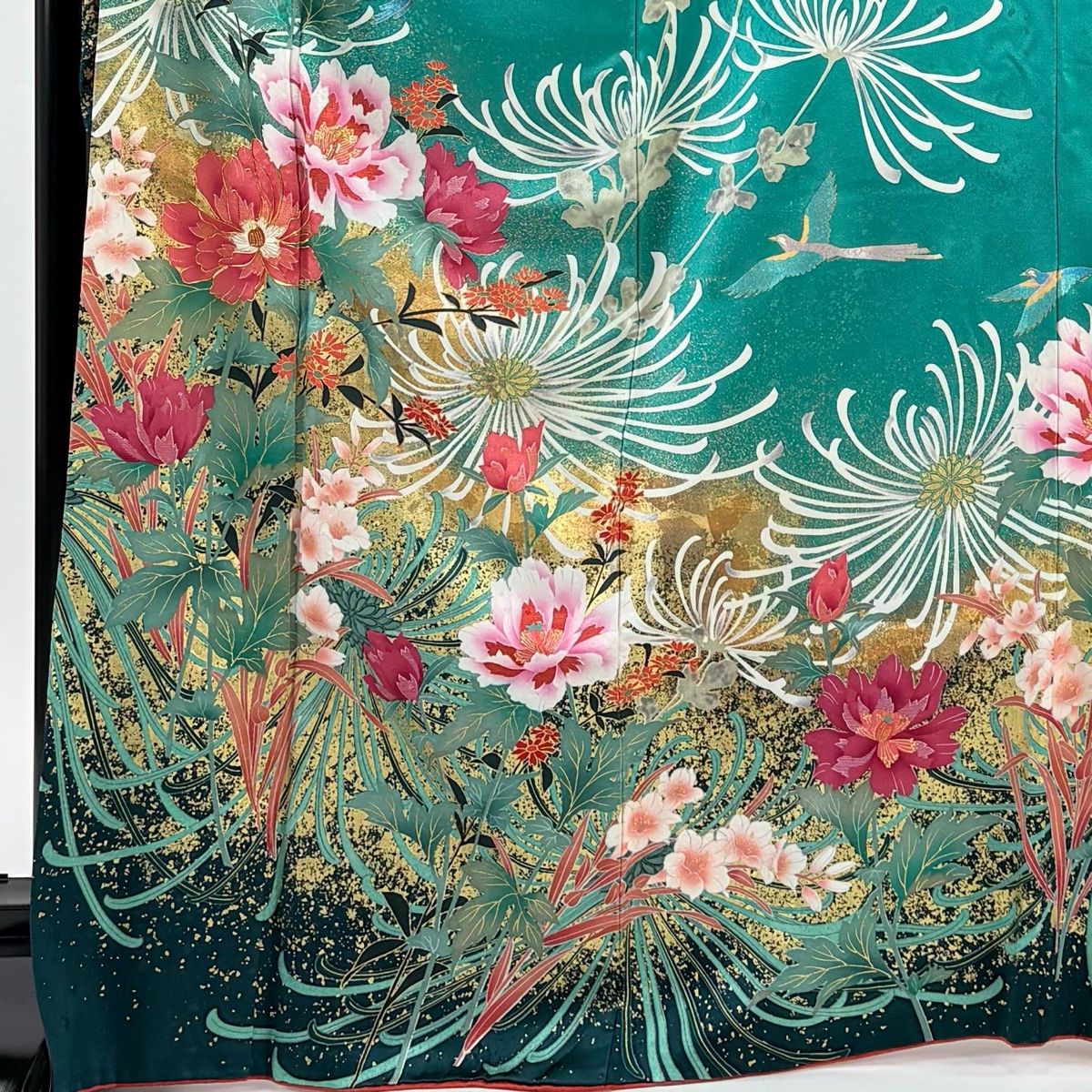 振袖 身丈168 cm 裄丈68 L 袷 草花 菊 金糸 金彩 緑 正絹 秀品