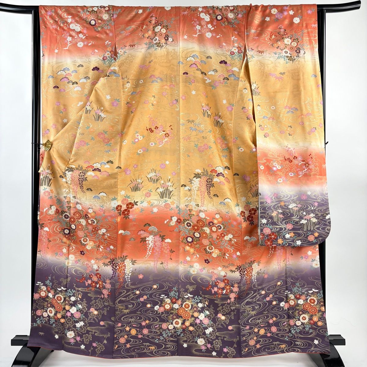 振袖 身丈165 cm 裄丈64 M 袷 秋草 流水 金彩 ぼかし オレンジ 正絹 秀品
