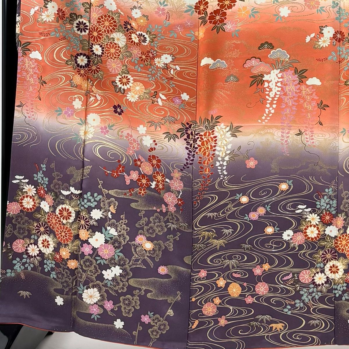 振袖 身丈165 cm 裄丈64 M 袷 秋草 流水 金彩 ぼかし オレンジ 正絹 秀品