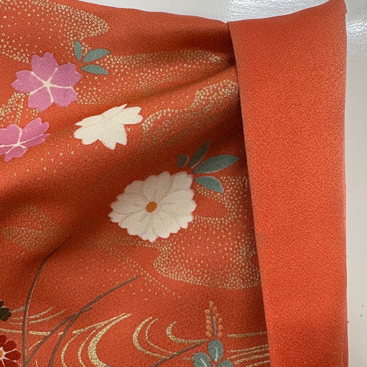  振袖 身丈165 cm 裄丈64 M 袷 秋草 流水 金彩 ぼかし オレンジ 正絹 秀品 振袖 着物