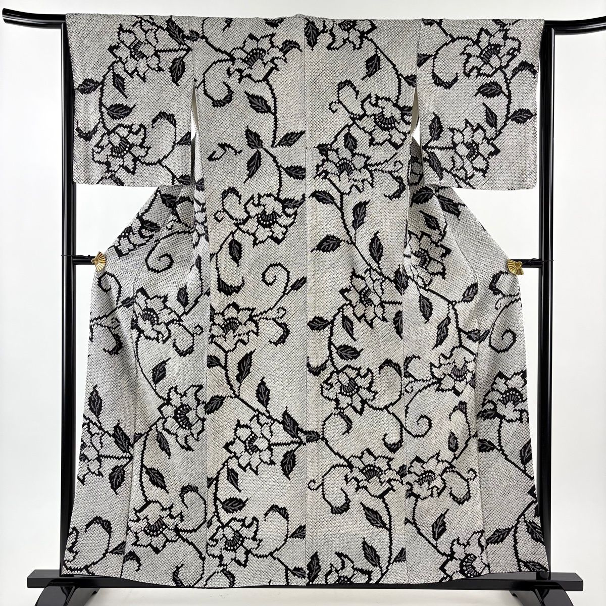 小紋 身丈158 cm 裄丈63.5 S 袷 花唐草 総絞り 黒灰 正絹 秀品