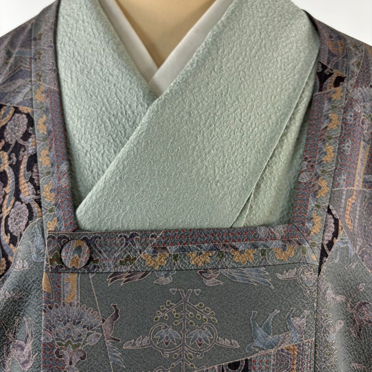  道行 身丈104 cm 裄丈68 L 和装コート 角衿 狩猟文 草花 灰緑 正絹 羽織 着物 浴衣