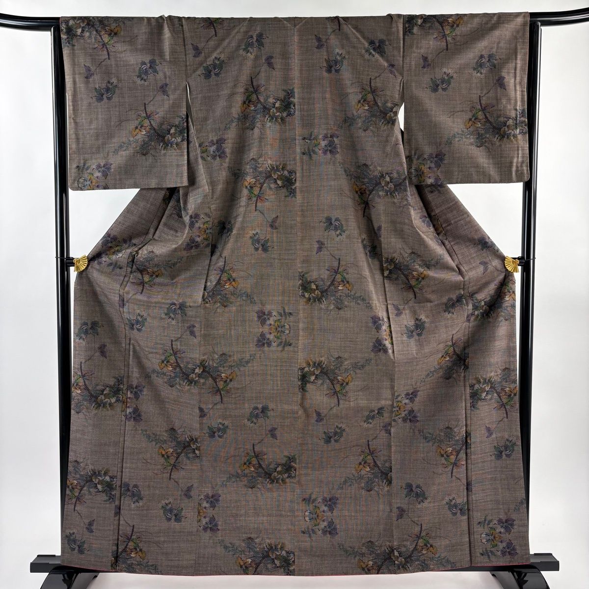 大島紬 身丈163cm 裄丈65cm M 袷 純泥染 鈴乃屋 証紙 草花 焦茶色 正絹