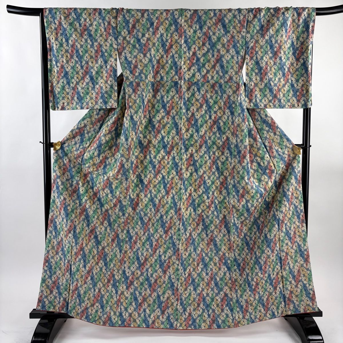 小紋 身丈164.5 cm 裄丈67.5 L 袷 紬地 幾何学模様 絞り 青灰色 正絹