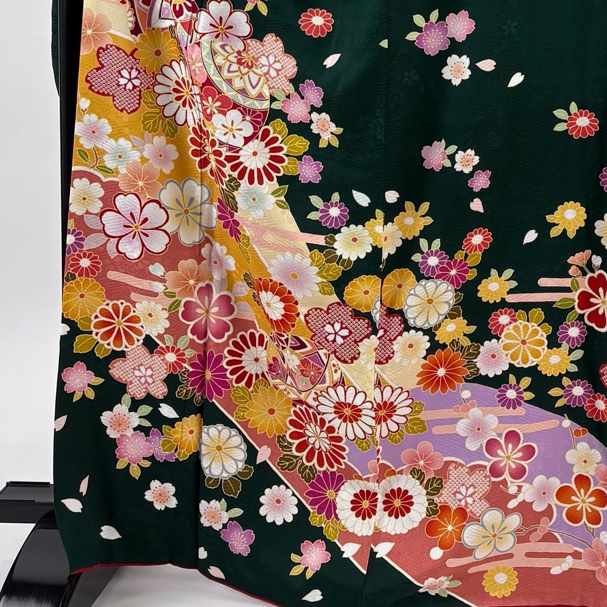 振袖 身丈168 cm 裄丈70 L 袷 鈴乃屋 鞠 桜 金糸 深緑 正絹