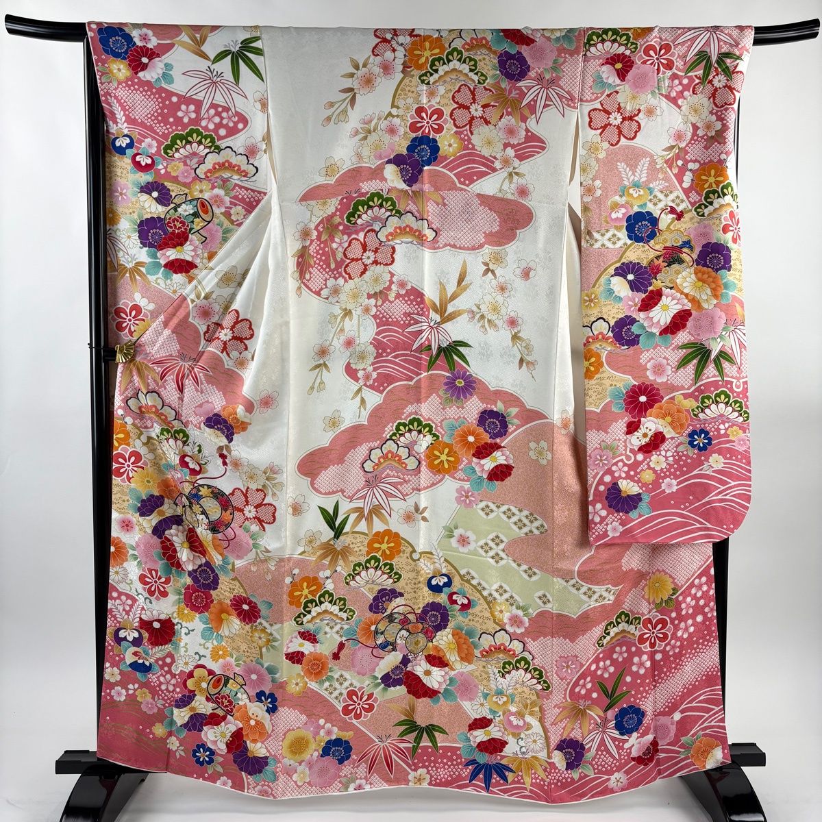 振袖 身丈163 cm 裄丈67 M 袷 鈴乃屋 鼓 菊 金彩 白 正絹