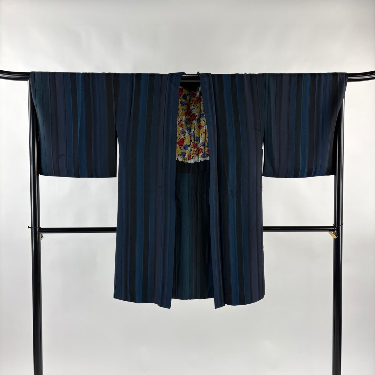  羽織 身丈98 cm 裄丈67.5 L 縦縞 鳥 濃紺 正絹 羽織 着物 浴衣