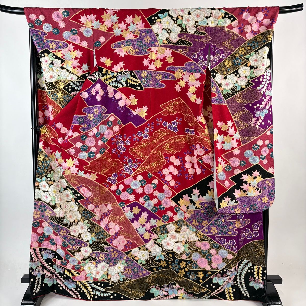 振袖 身丈170 cm 裄丈70 L 袷 翠山工房 落款 辻が花 霞 金通し 金彩 赤 正絹