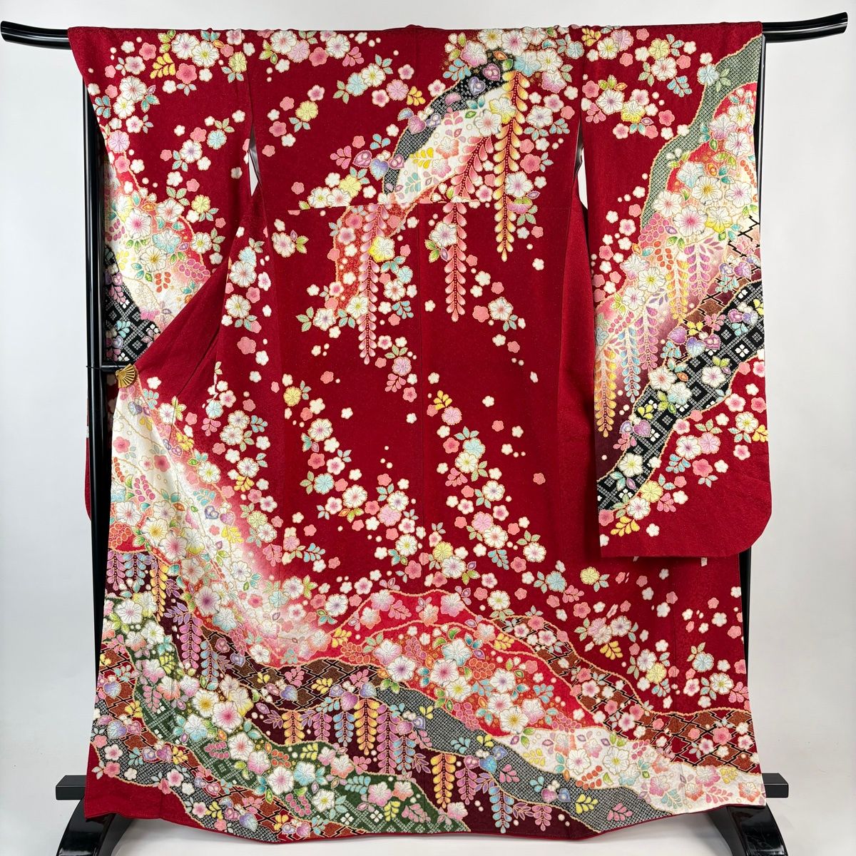 振袖 身丈167 cm 裄丈68 L 袷 翠山工房 落款 辻が花 霞 銀通し 金彩 赤 正絹