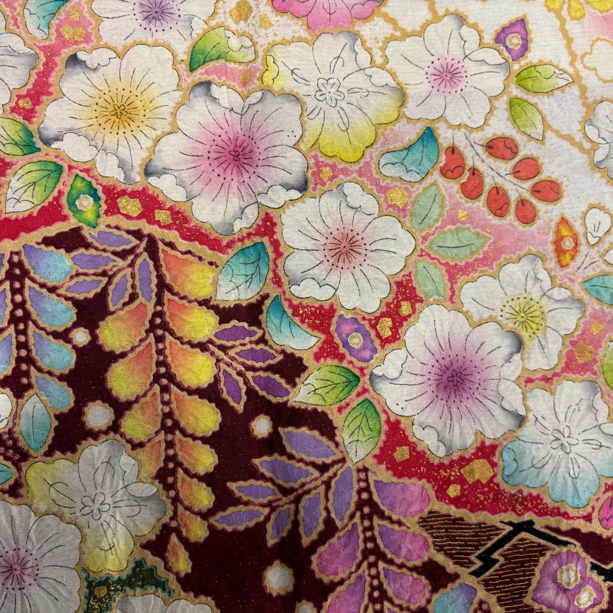  振袖 身丈167 cm 裄丈68 L 袷 翠山工房 落款 辻が花 霞 銀通し 金彩 赤 正絹 振袖 着物