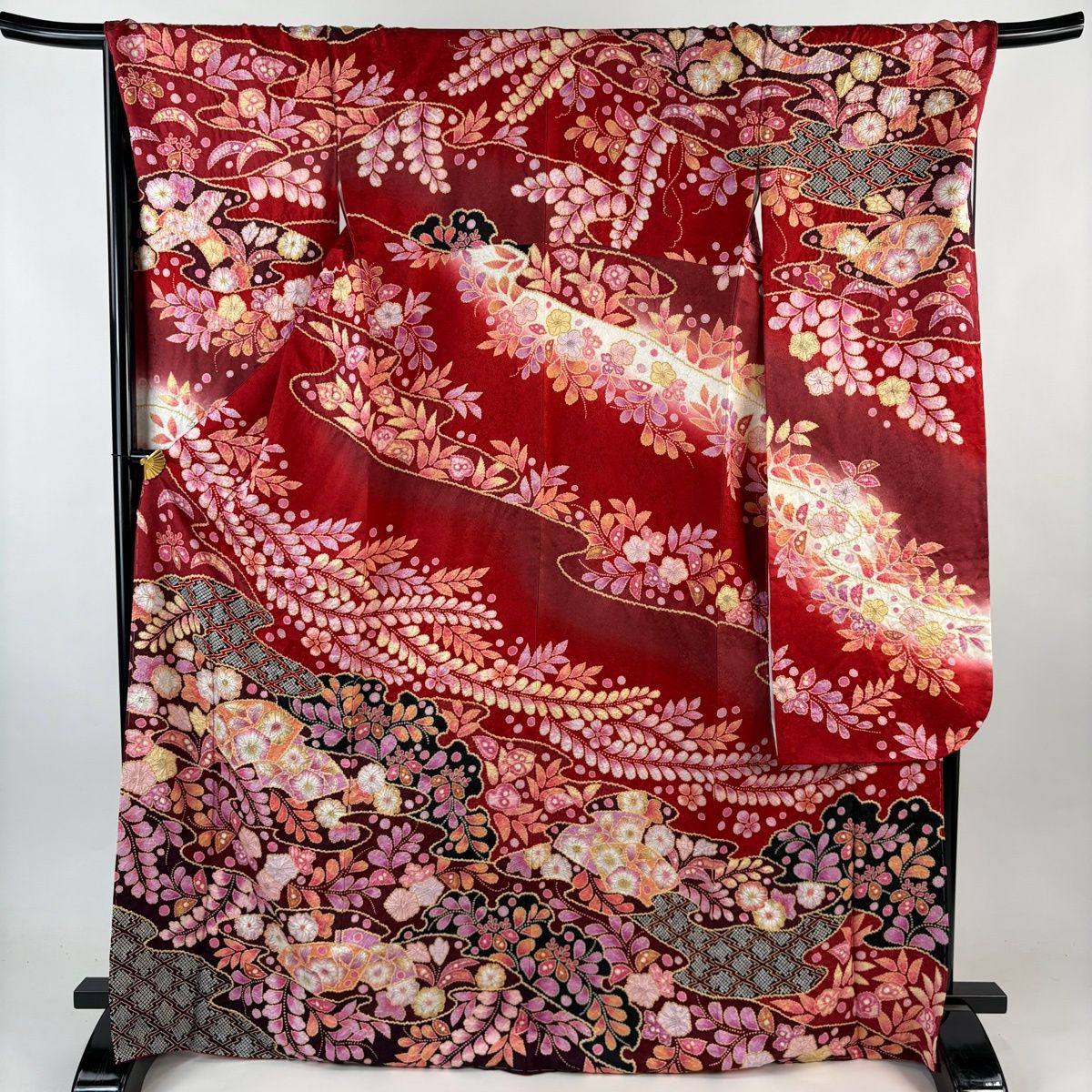 振袖 身丈172 cm 裄丈70 L 袷 翠山工房 落款 辻が花 霞 金通し 染め分け 赤 正絹