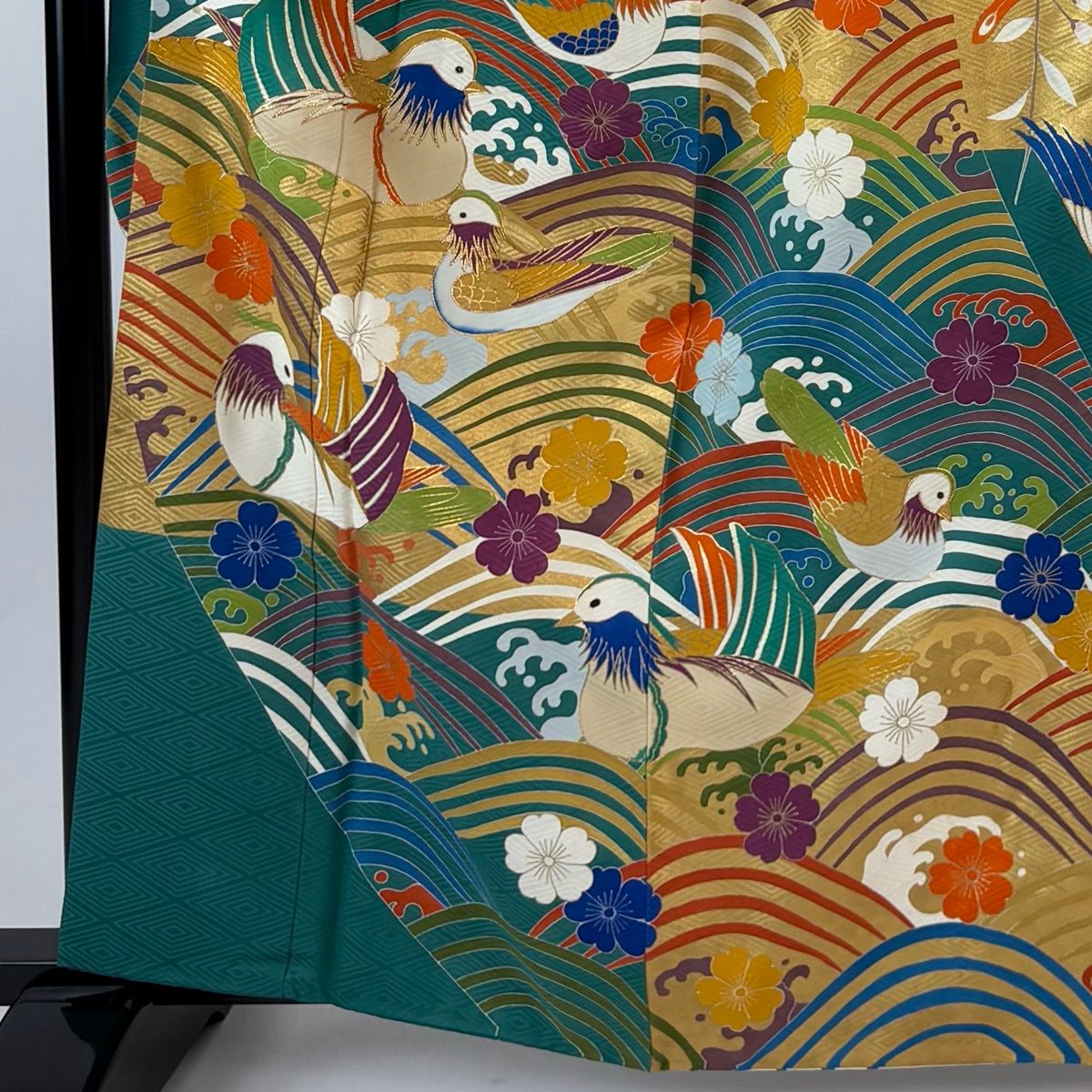 振袖 身丈163 cm 裄丈66.5 M 袷 鴛鴦 波 金糸 金彩 青緑 正絹