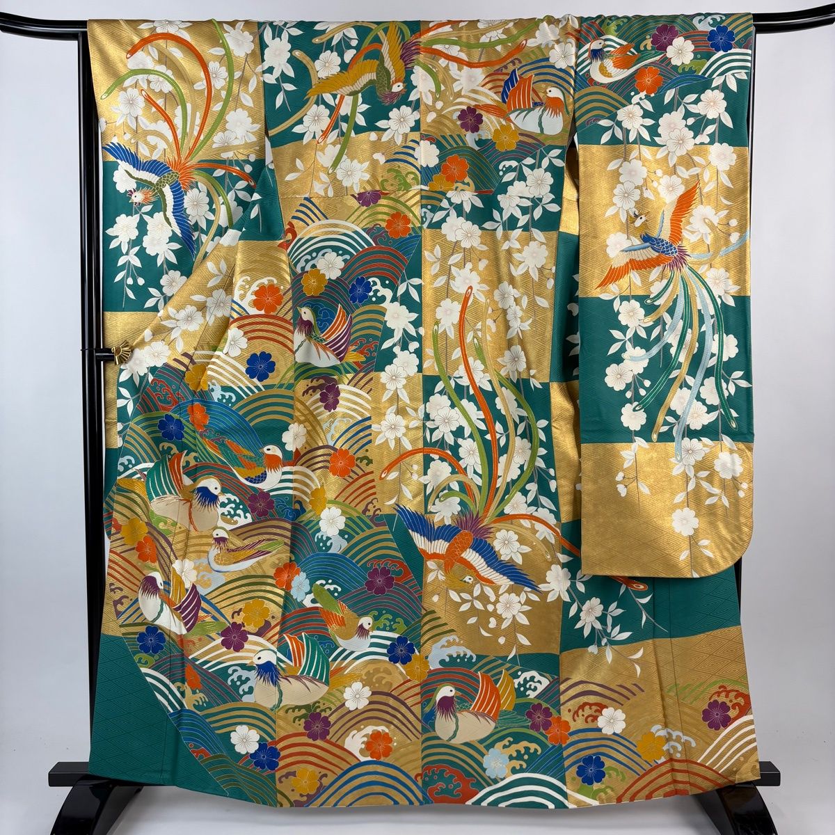 振袖 身丈163 cm 裄丈66.5 M 袷 鴛鴦 波 金糸 金彩 青緑 正絹