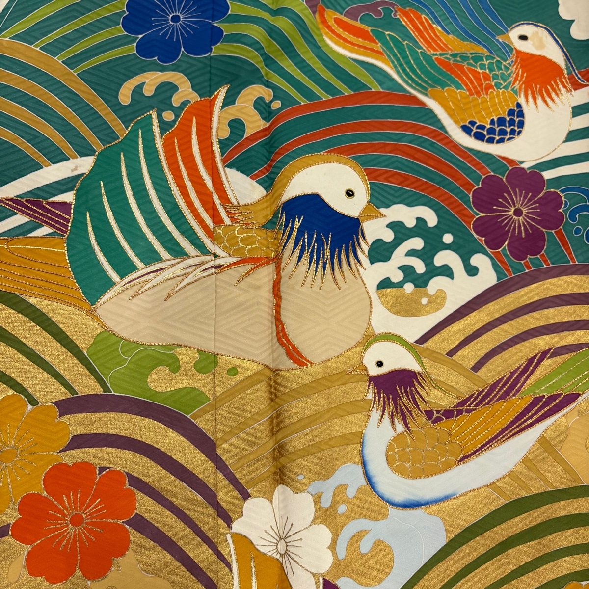  振袖 身丈163 cm 裄丈66.5 M 袷 鴛鴦 波 金糸 金彩 青緑 正絹 振袖 着物