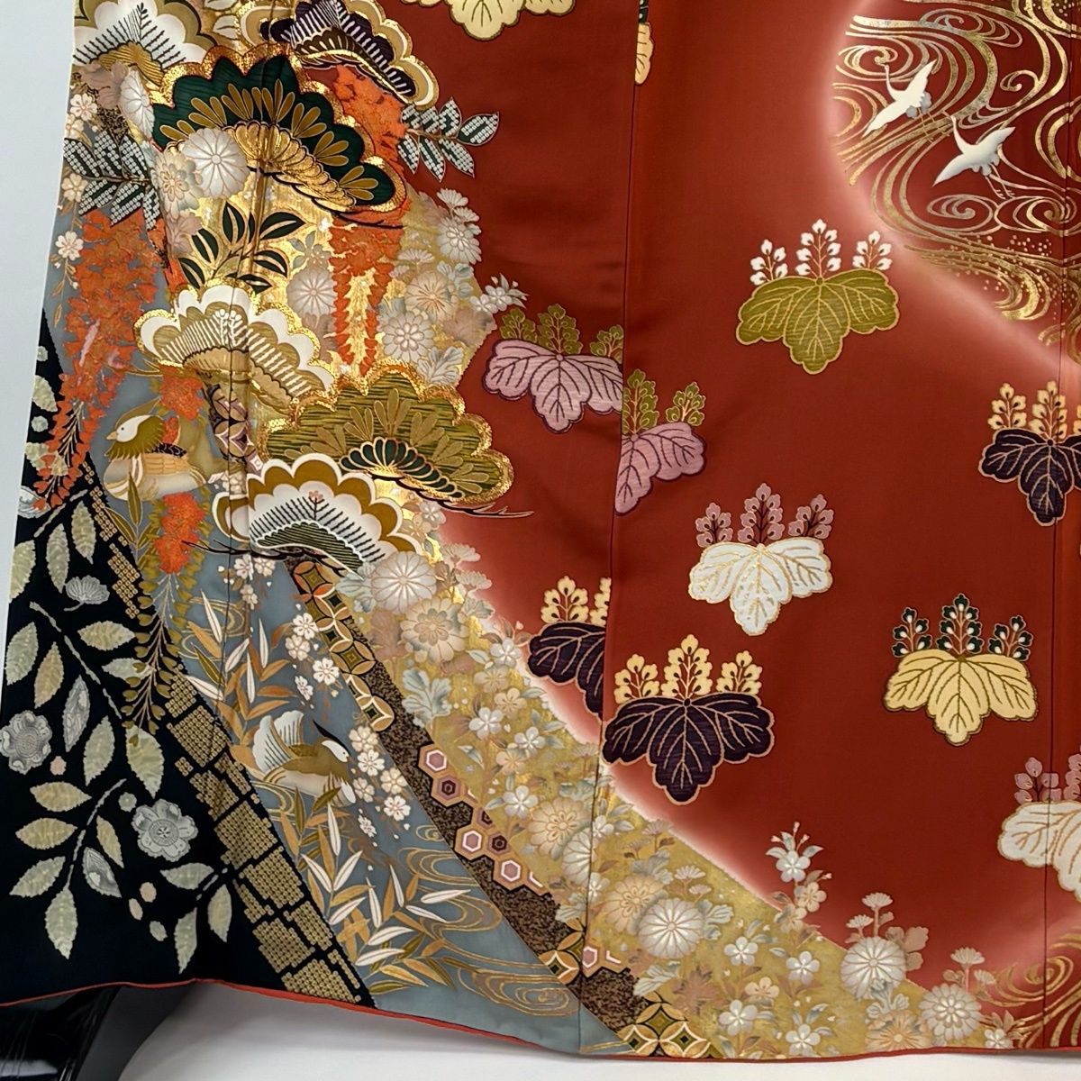 振袖 身丈167 cm 裄丈68 L 袷 笠松 鴛鴦 金糸 金銀彩 赤茶 正絹
