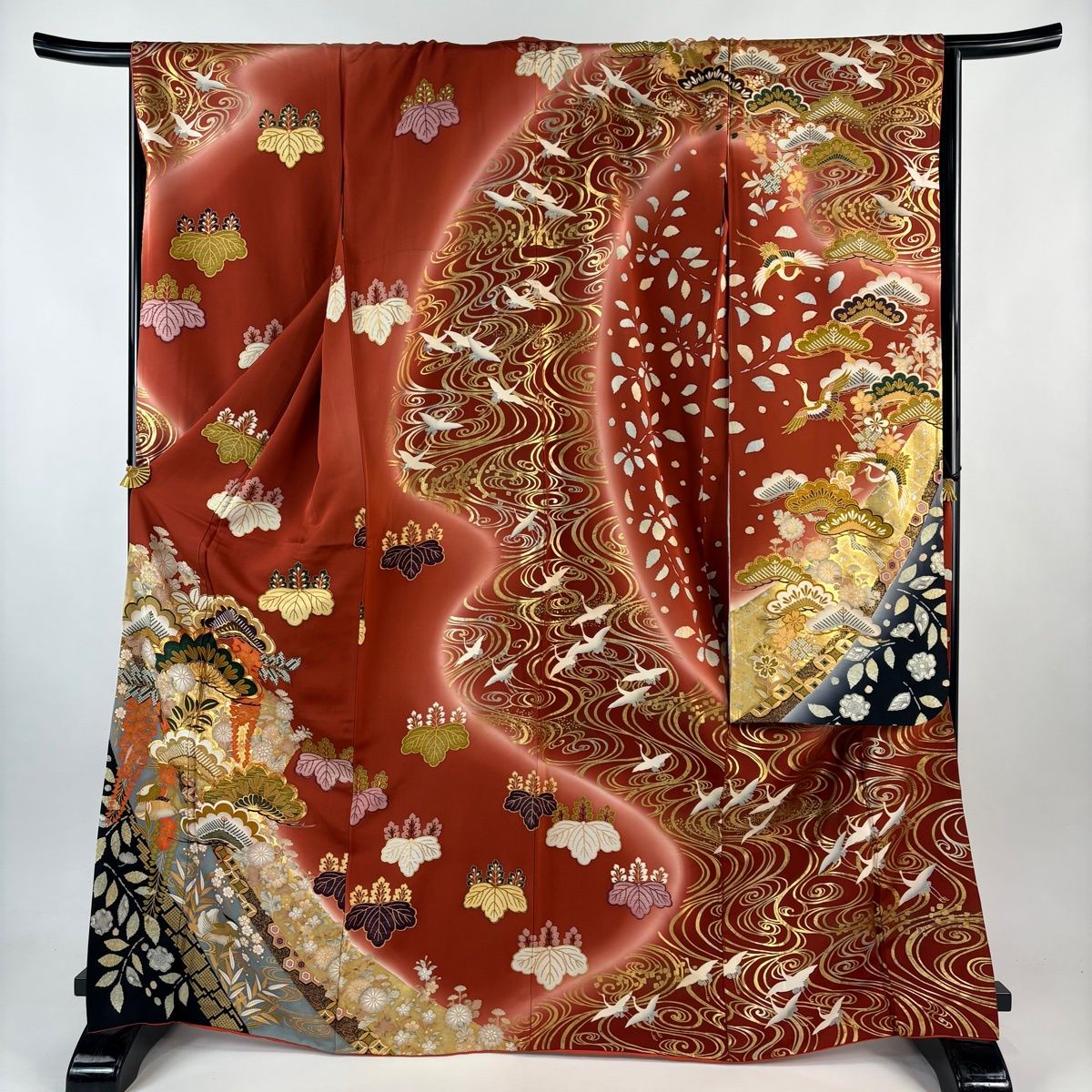 振袖 身丈167 cm 裄丈68 L 袷 笠松 鴛鴦 金糸 金銀彩 赤茶 正絹