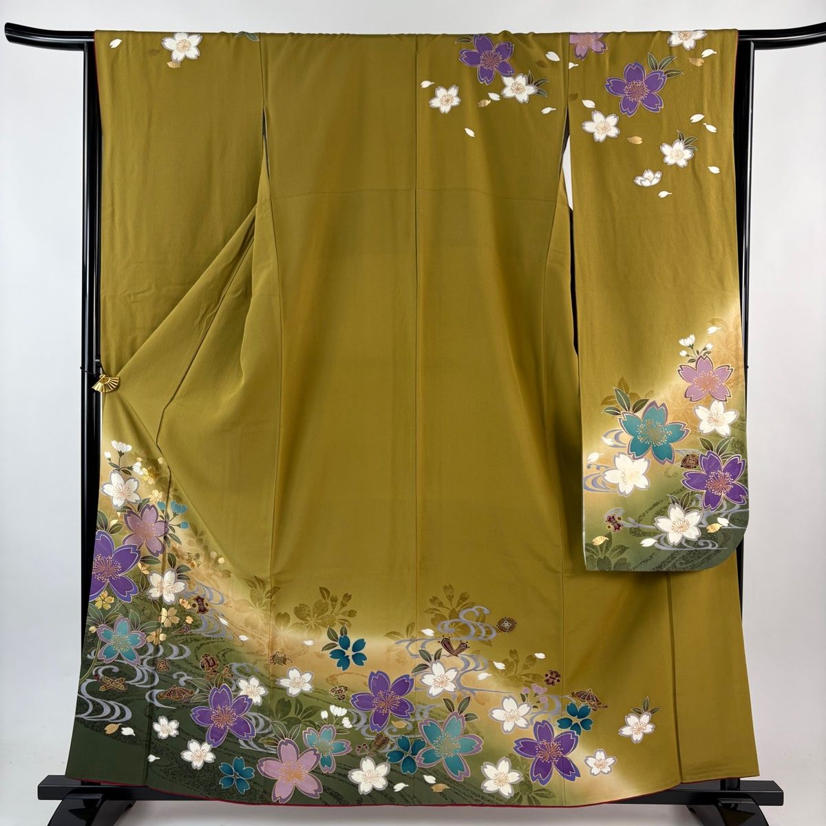 振袖 身丈160.5 cm 裄丈65 M 袷 鈴乃屋 桜 宝尽くし 金彩 ぼかし 鶯色 正絹