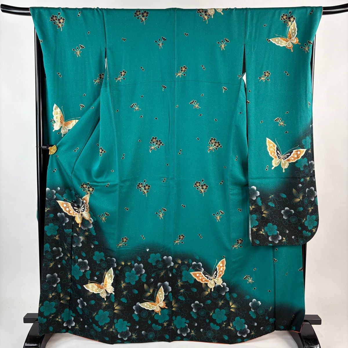 振袖 身丈168 cm 裄丈69.5 L 袷 蝶 桜 金通し 金銀彩 緑 正絹