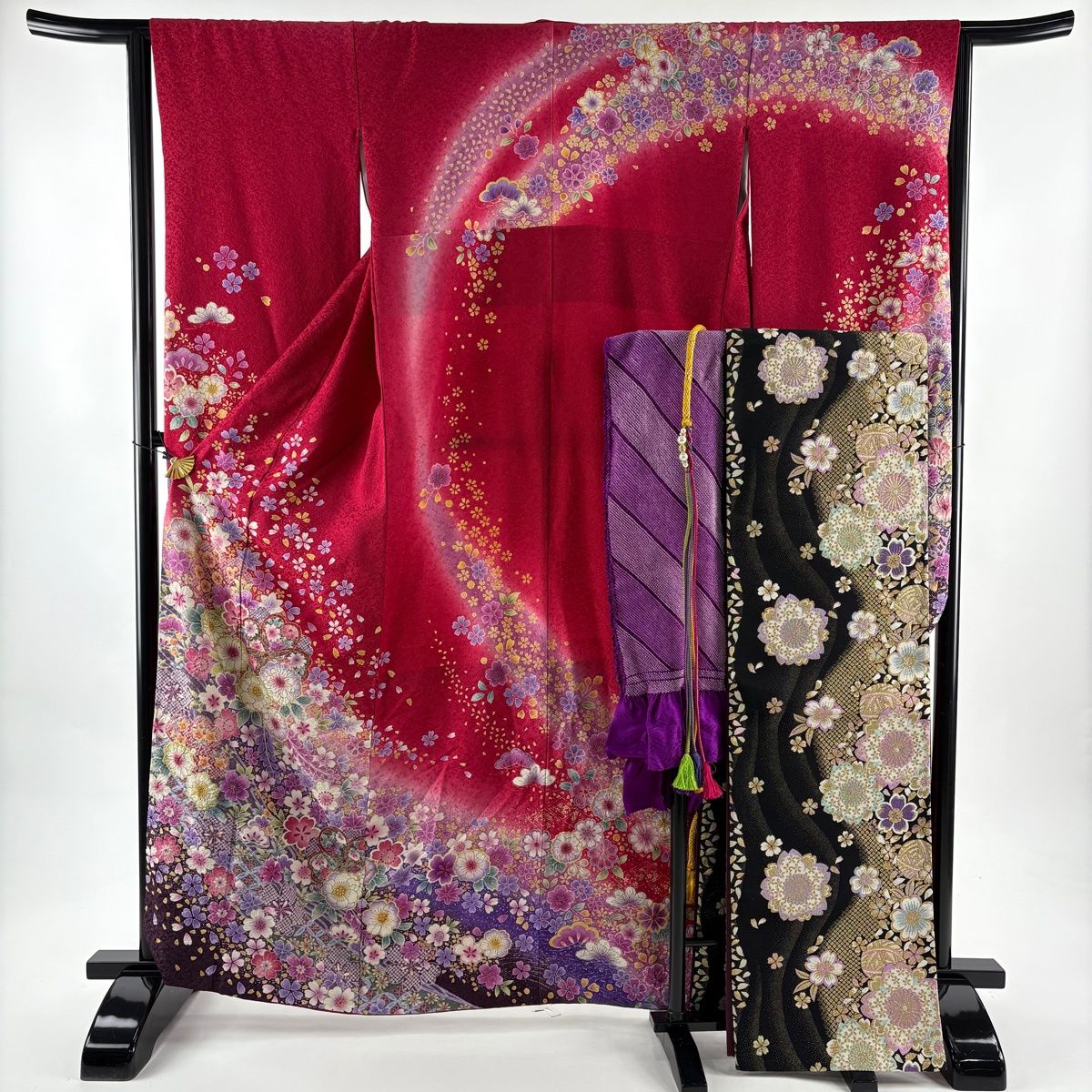 振袖 身丈164 cm 裄丈64.5 M 袷 袋帯フルセット 草花 花びら 銀通し 金彩 赤 正絹