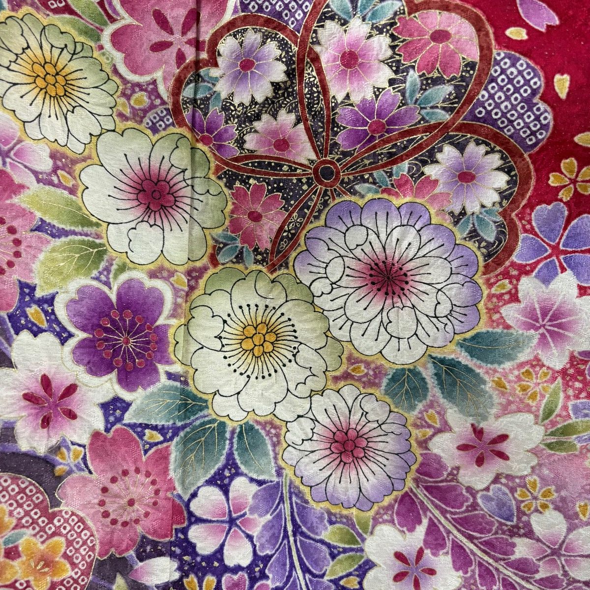 振袖 身丈164 cm 裄丈64.5 M 袷 袋帯フルセット 草花 花びら 銀通し 金彩 赤 正絹