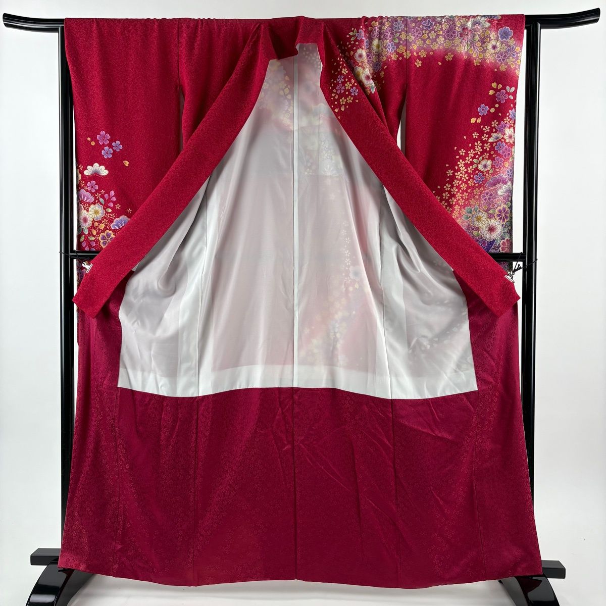  振袖 身丈164 cm 裄丈64.5 M 袷 袋帯フルセット 草花 花びら 銀通し 金彩 赤 正絹 振袖 着物