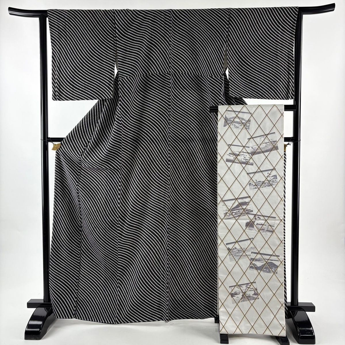 小紋 身丈167 cm 裄丈64 5 M 袷 袋帯セット 斜縞 絞り柄 黒 正絹 秀品