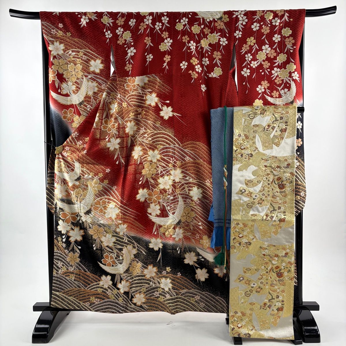 振袖 身丈161cm 裄丈68cm L 袷 袋帯フルセット 鶴 桜 金彩 染め分け 赤
