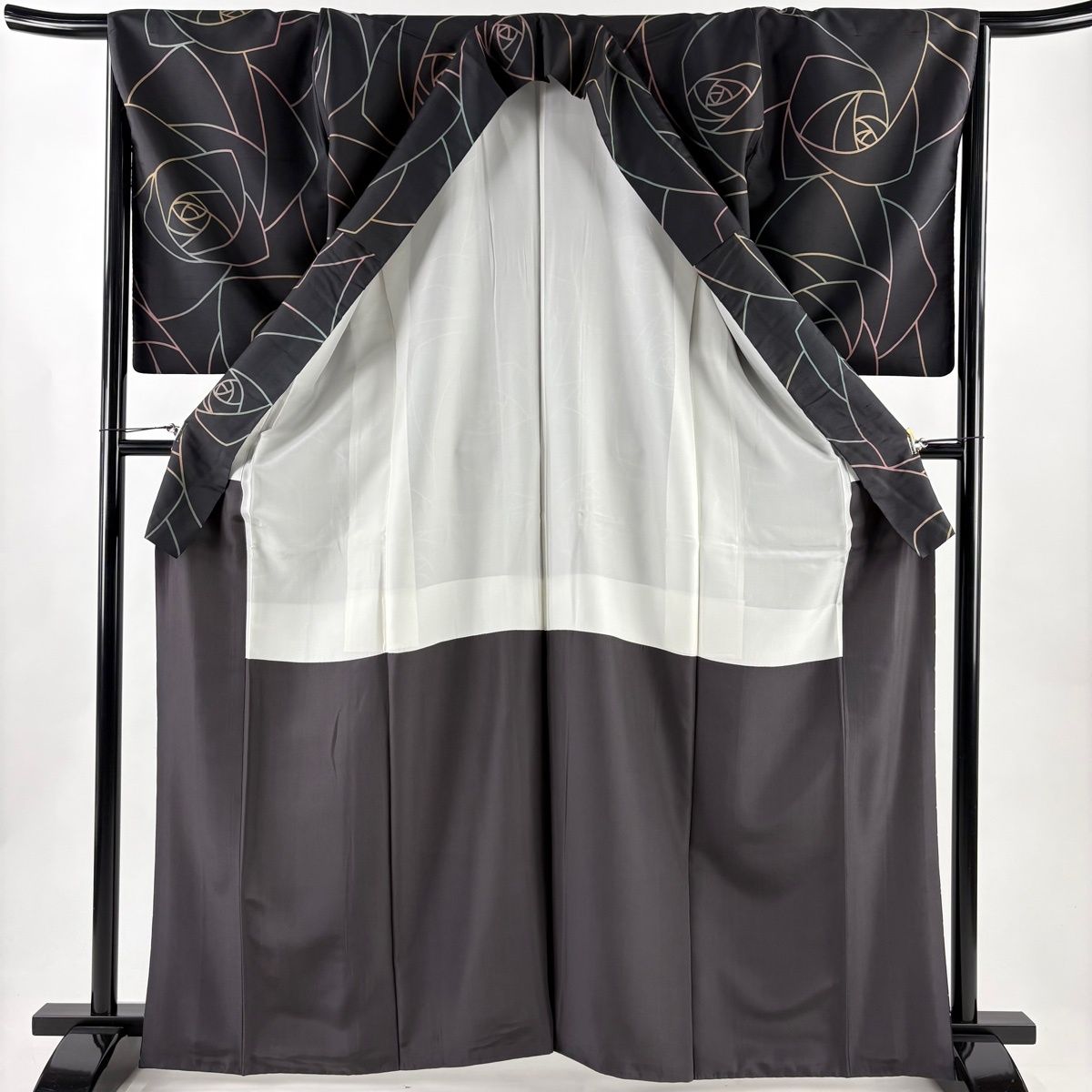  小紋 身丈165.5 cm 裄丈66.5 M 袷 名古屋帯セット 紬地 薔薇 墨色 正絹 小紋 着物