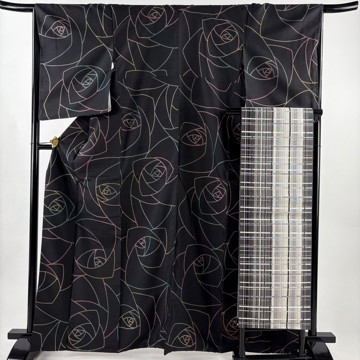 小紋 身丈165 5 cm 裄丈66 M 袷 名古屋帯セット 紬地 薔薇 墨色 正絹