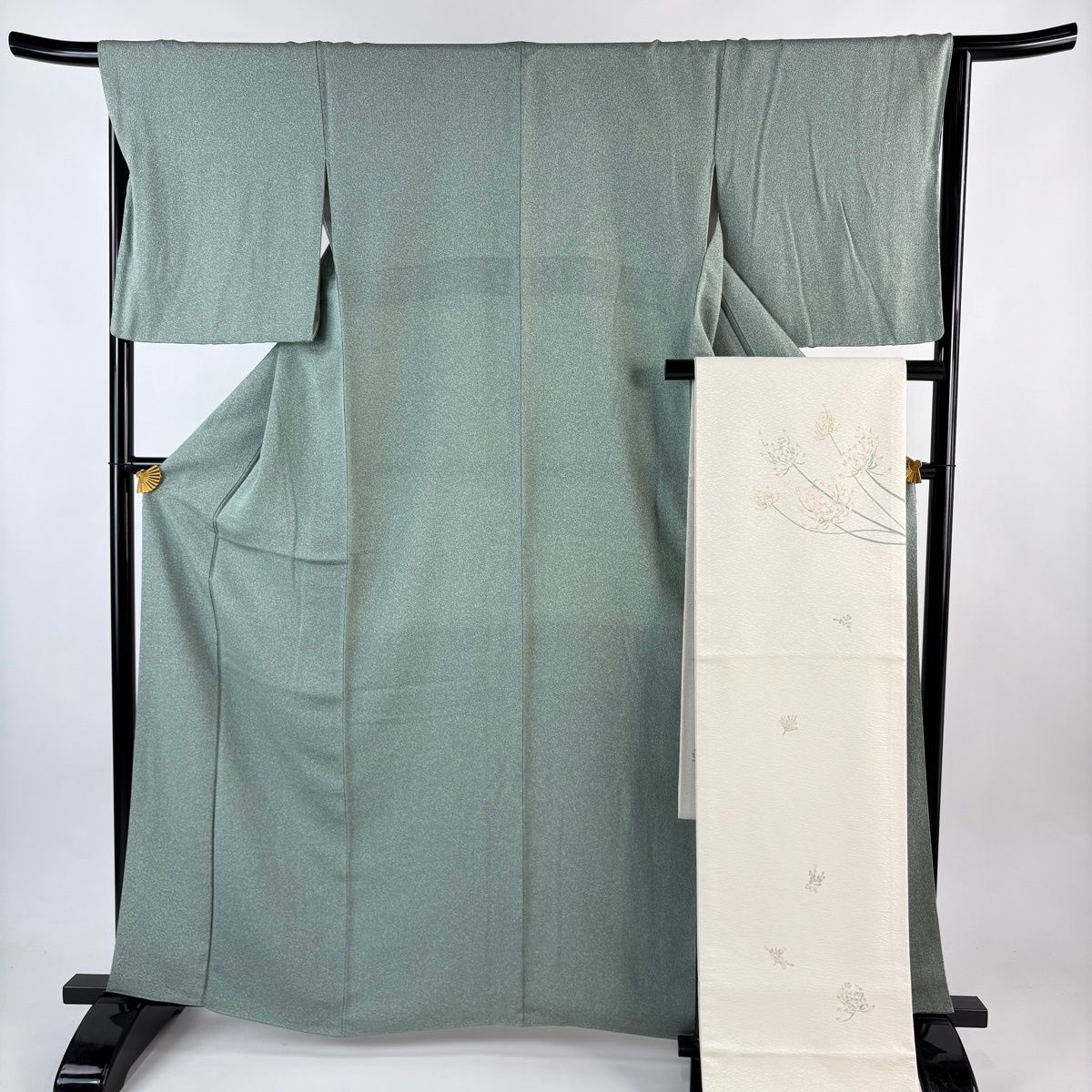 小紋 身丈162 cm 裄丈65.5 M 袷 松井青々 袋帯セット 落款 幾何学 灰緑 正絹 一つ紋