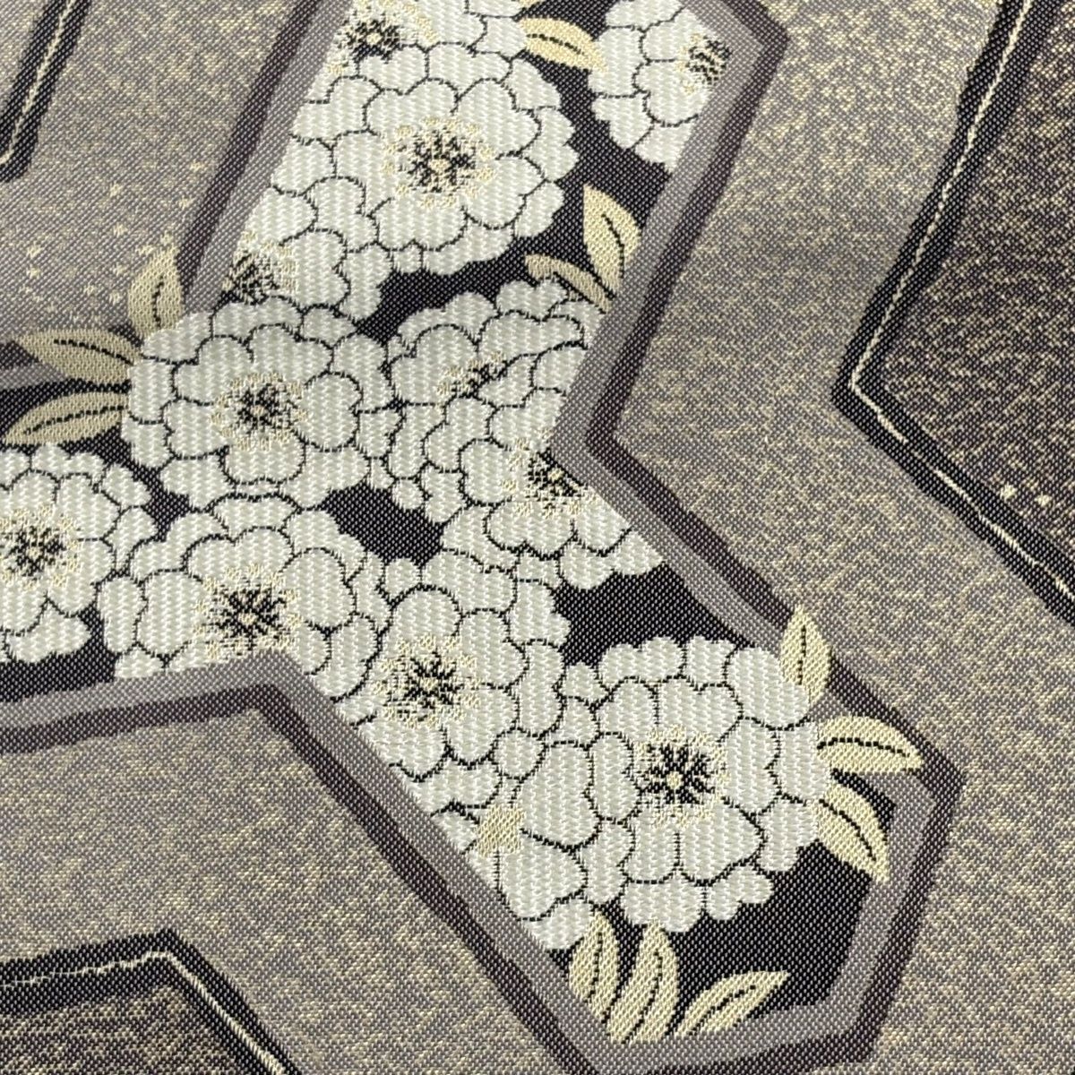 半幅帯 となみ帯 証紙 落款 西陣織 毘沙門亀甲 菊 箔 焦茶色 正絹