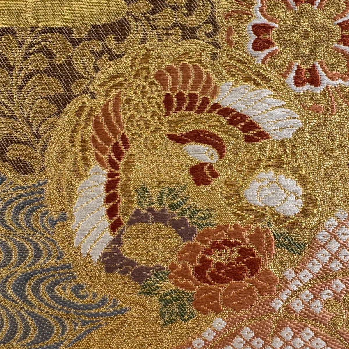 袋帯 秀品 落款 流水霞錦文 花鳥 金糸 刺繍 金色 六通 正絹
