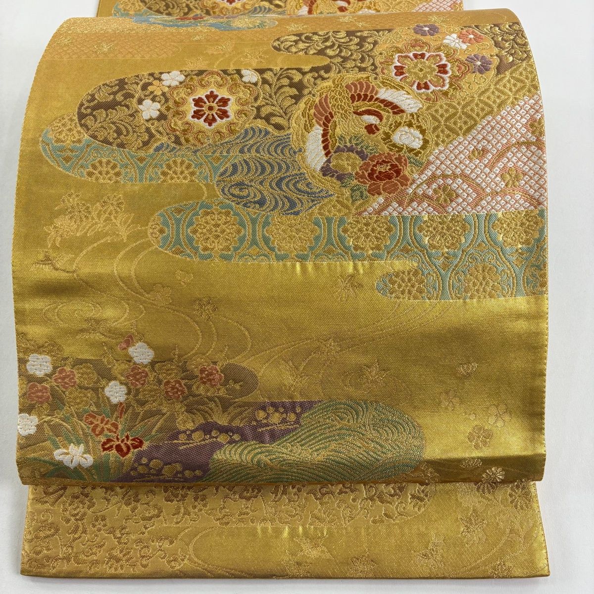 袋帯 秀品 落款 流水霞錦文 花鳥 金糸 刺繍 金色 六通 正絹