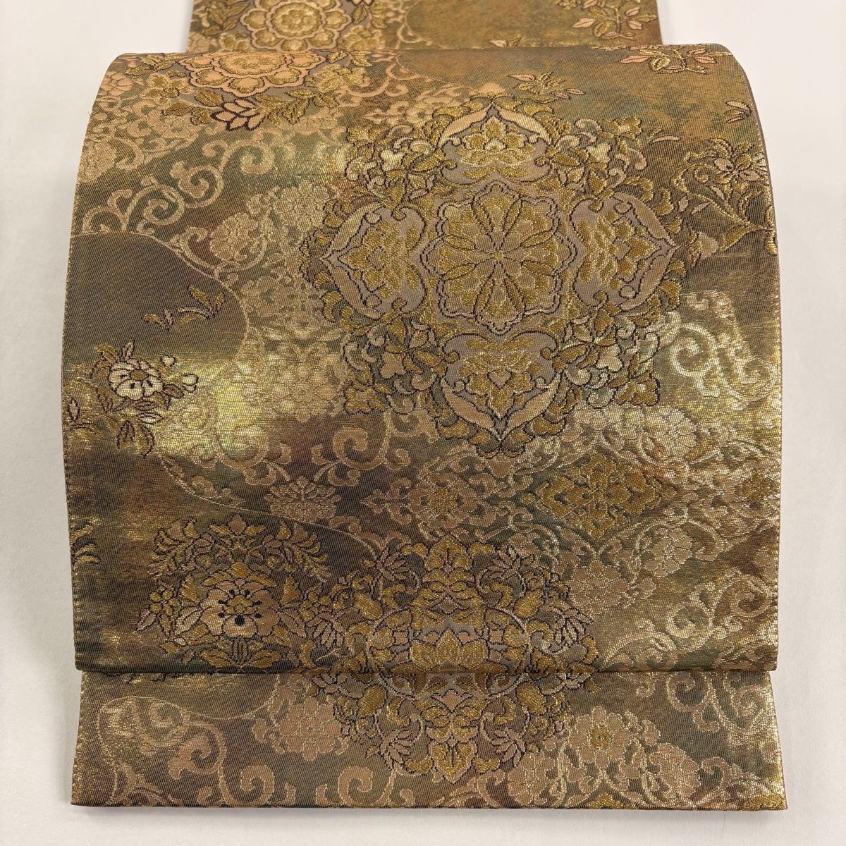 袋帯 秀品 華文 草花 金糸 箔 金茶 六通 正絹