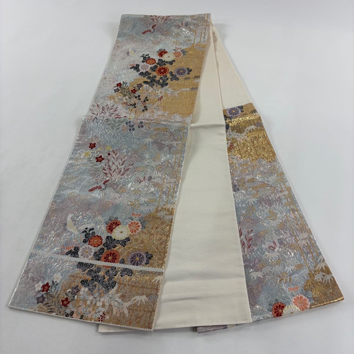 美品】 袋帯 秀品 関西仕立て 秋草 鶴 箔 金色 六通 正絹 【中古