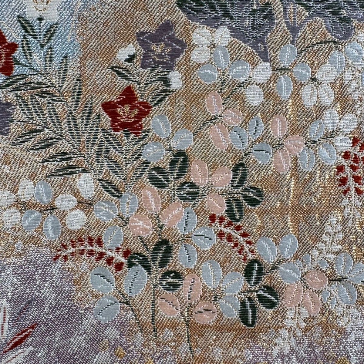 袋帯 秀品 関西仕立て 秋草 鶴 箔 金色 六通 正絹