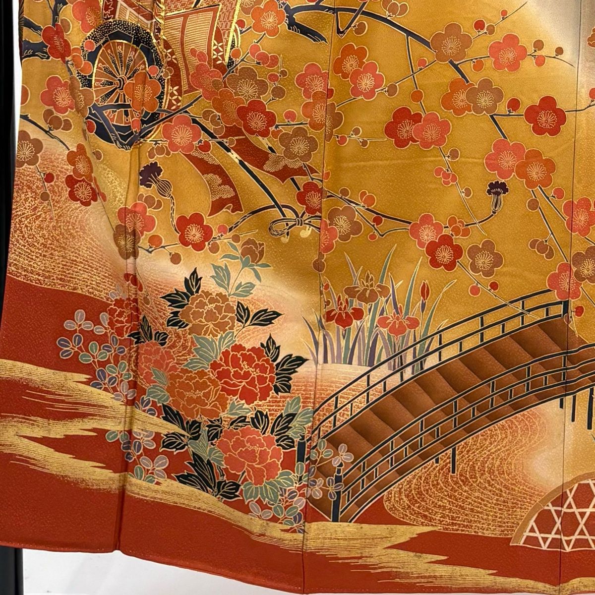 振袖 身丈151cm 裄丈62cm S 袷 御所車 枝梅 金糸 金彩 山吹茶色 正絹