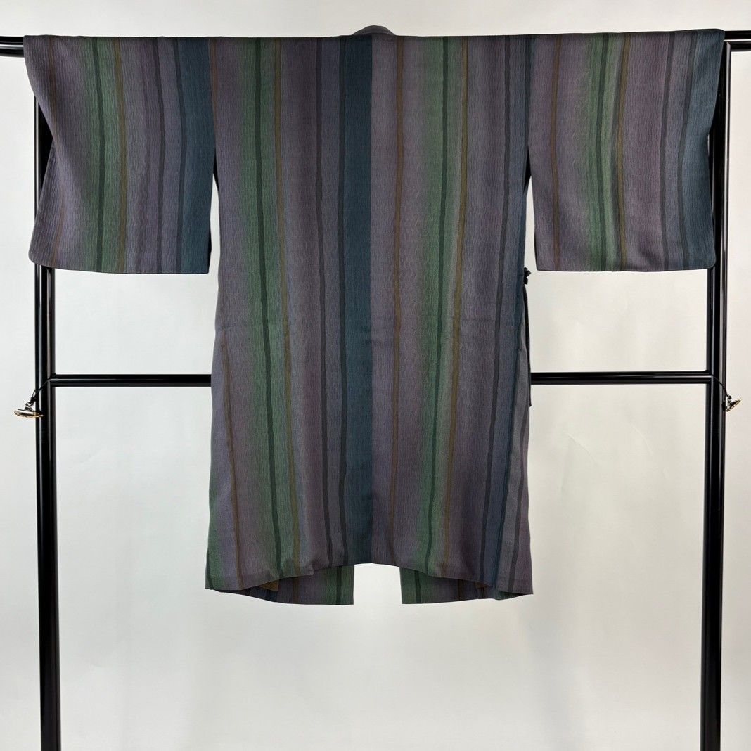 道中着 身丈106 cm 裄丈67 M 和装コート 縞 ぼかし 灰紫 正絹