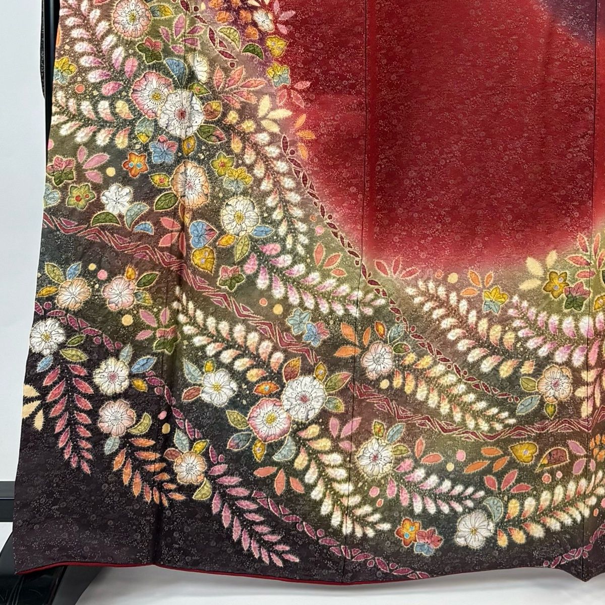 振袖 身丈166.5 cm 裄丈67.5 L 袷 徳永憲峯 落款 辻が花 金通し 金彩 えんじ色 正絹