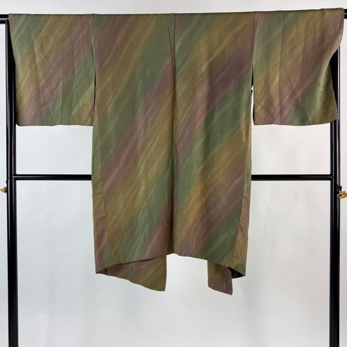 道中着 身丈101 cm 裄丈67.5 L 和装コート 着物衿 地紋 斜縞 ぼかし 茶緑色 正絹