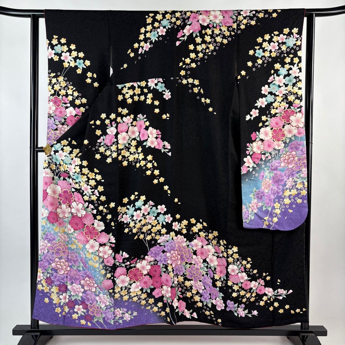 振袖 身丈153 cm 裄丈62 S 袷 桜 牡丹 刺繍 銀通し 黒 正絹